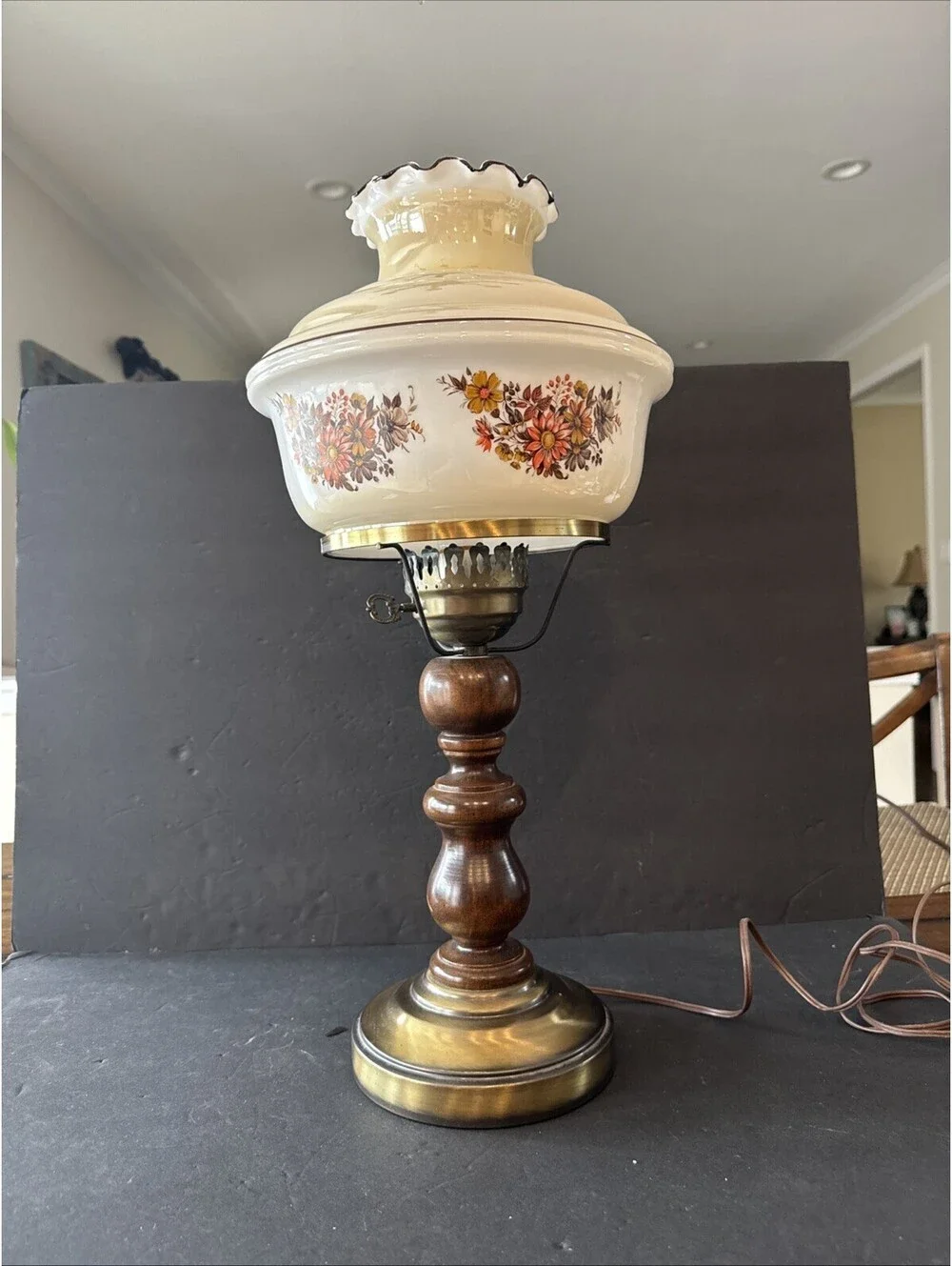 Vintage Wood Hurricane Lamp with Floral Glass Shade, 21” High By 10” Wide Works